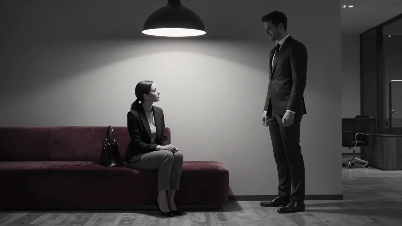 Une femme et un homme se rencontrent discrètement dans un hall d’immeuble moderne, nuit tombée.