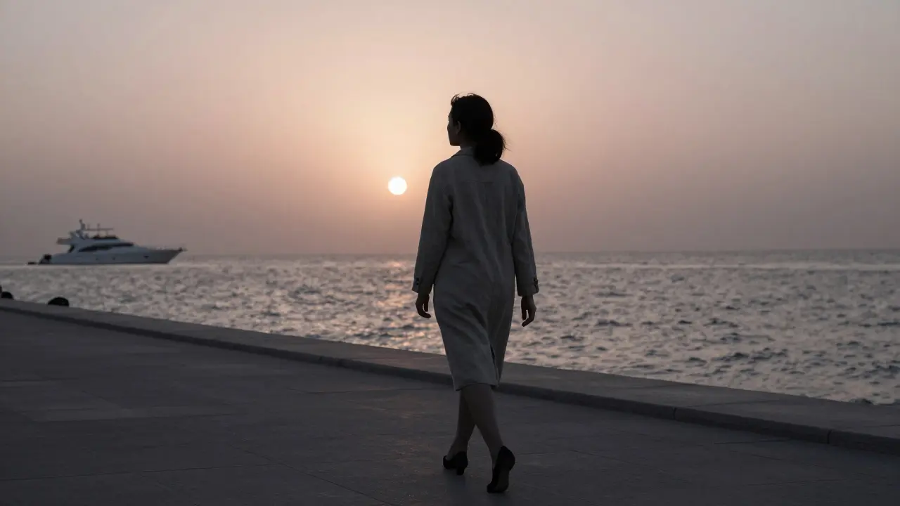 Une femme marche seule sur la Corniche au lever du soleil, silhouettée contre la mer, dans un cadre de calme absolu.