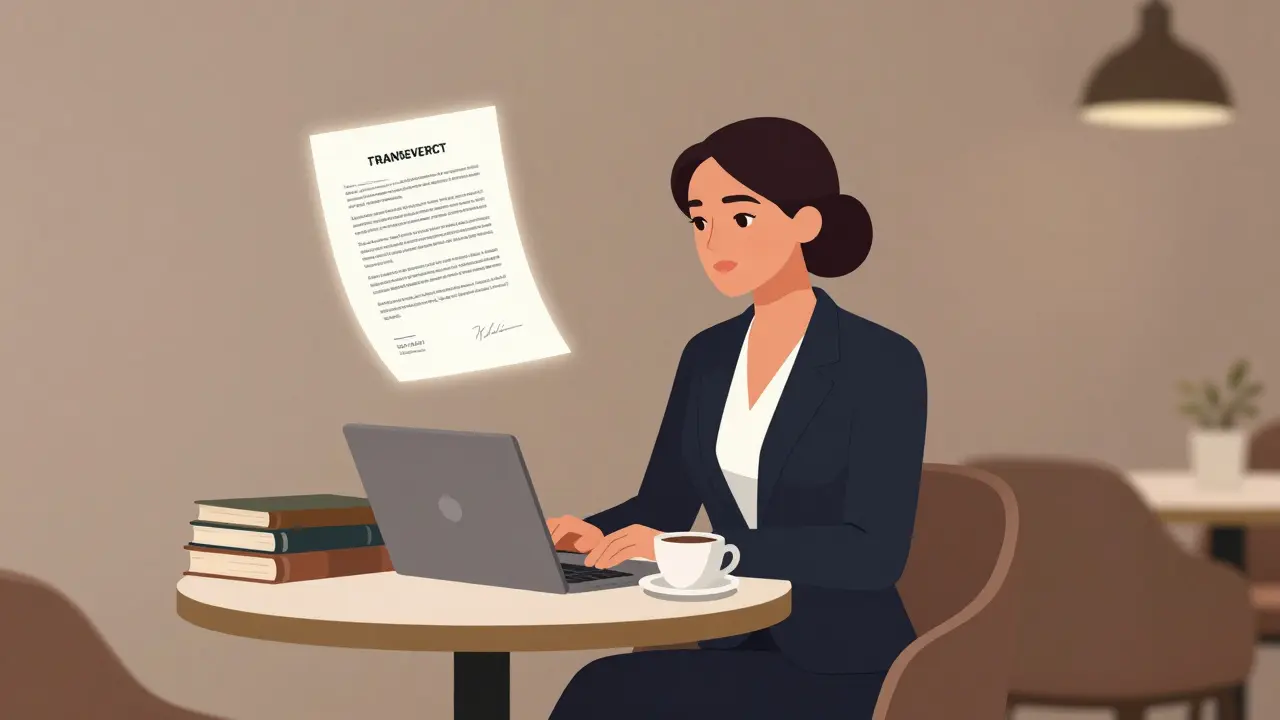 Une femme professionnelle travaille dans un café d'Abu Dhabi, entourée de livres et d'un document contractuel.