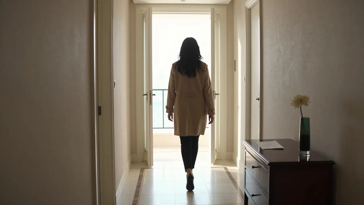 Une femme s&#039;éloigne dans un couloir d&#039;hôtel au petit matin, une fleur blanche et une note restent sur la table, silence et dignité.