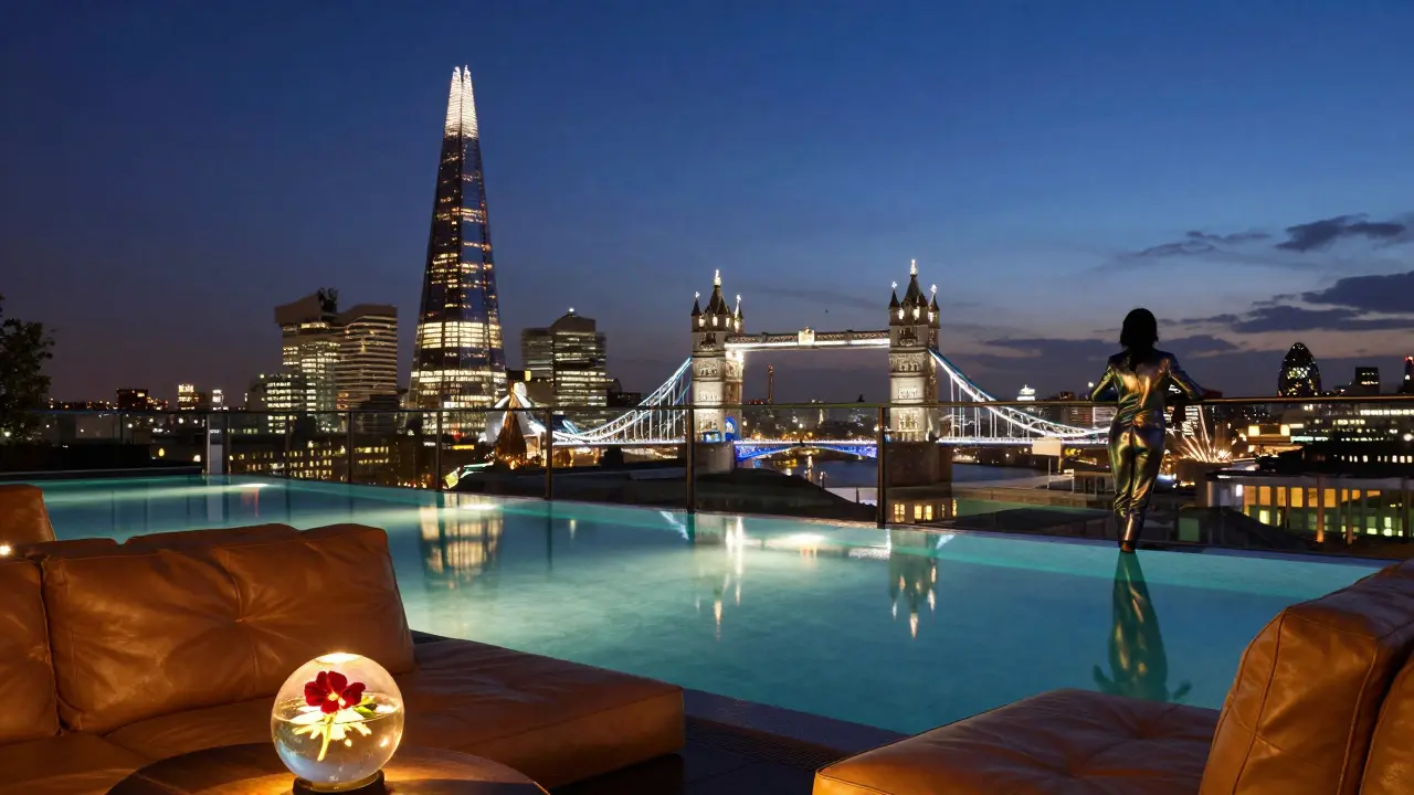Une piscine à toit avec vue sur les lumières de Londres et un cocktail en forme de sphère.