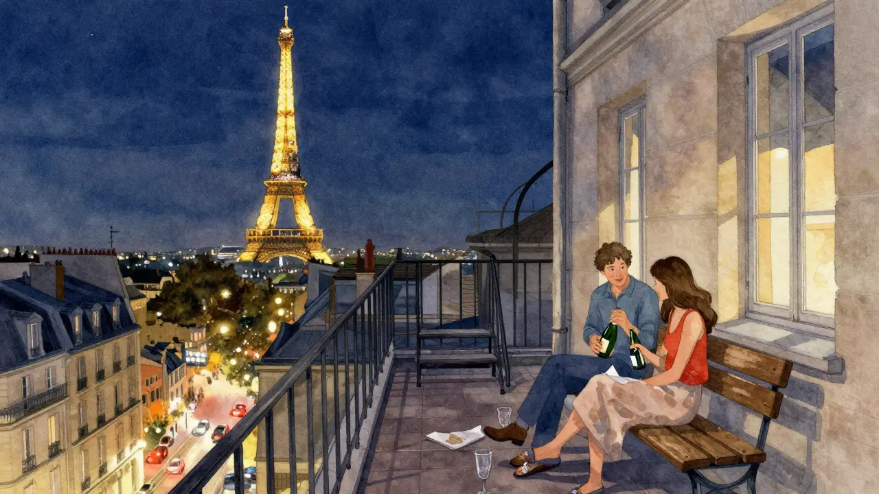 Une terrasse cachée à Paris offrant une vue libre sur la tour Eiffel, deux personnes partagent un verre au milieu de la nuit.