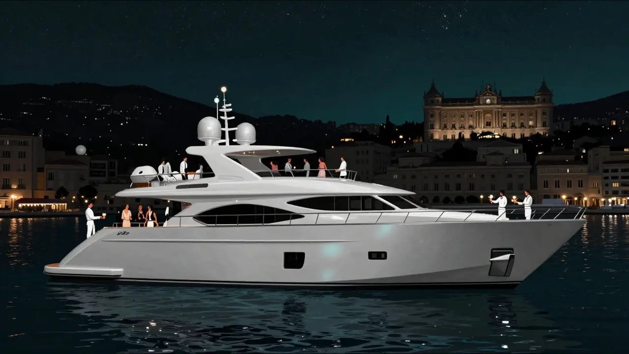 Yacht de luxe sur le port de Monaco, avec des invités sur le pont et des reflets de lumières dans l'eau.