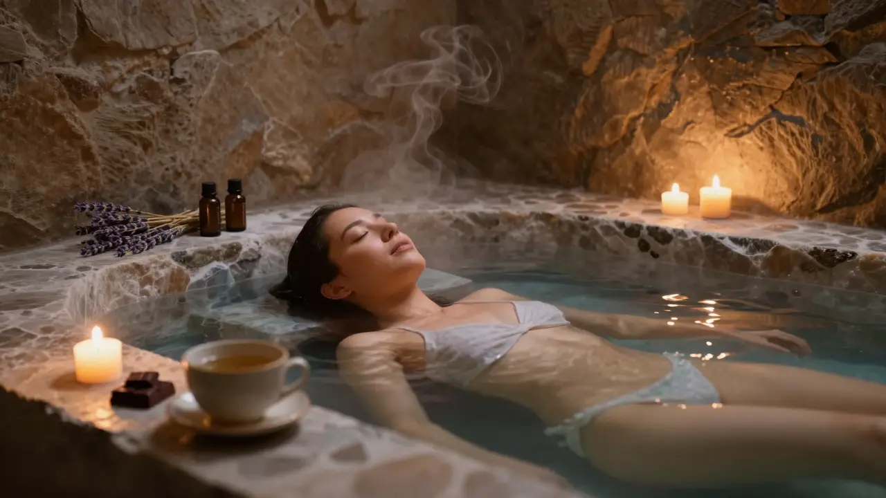 Bain de sel chaud dans une pièce sombre avec bougies, personne flottant en paix.