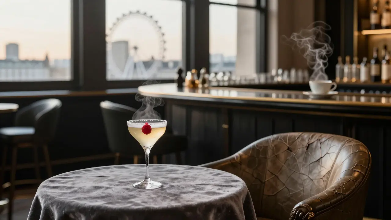 Bar élégant de Mayfair au lever du soleil, cocktail et fauteuil vide.