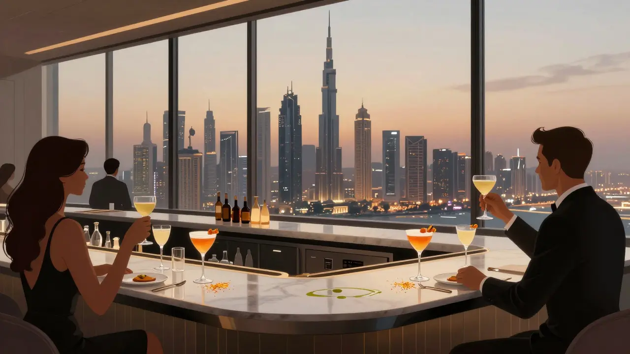 Bar haut de gamme en hauteur avec vue sur la skyline d'Abu Dhabi et cocktails artistiques.
