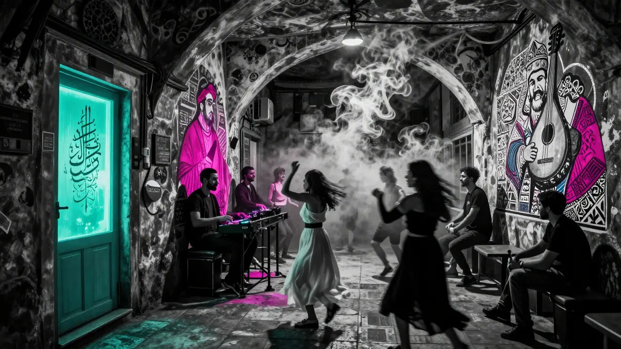 Bar secret à Karaköy où musique traditionnelle turque et électronique se mélangent dans une ambiance onirique.