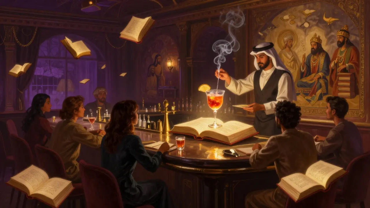 Bar The Library où des livres lumineux servent de cocktails, dans un univers mythologique arabe et atmosphère mystique.