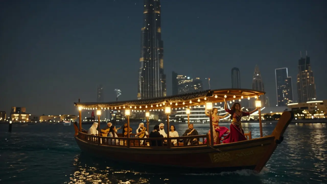 Bateau dhow traditionnel sur l'eau, illuminé par des lanternes, avec le Burj Khalifa au loin.