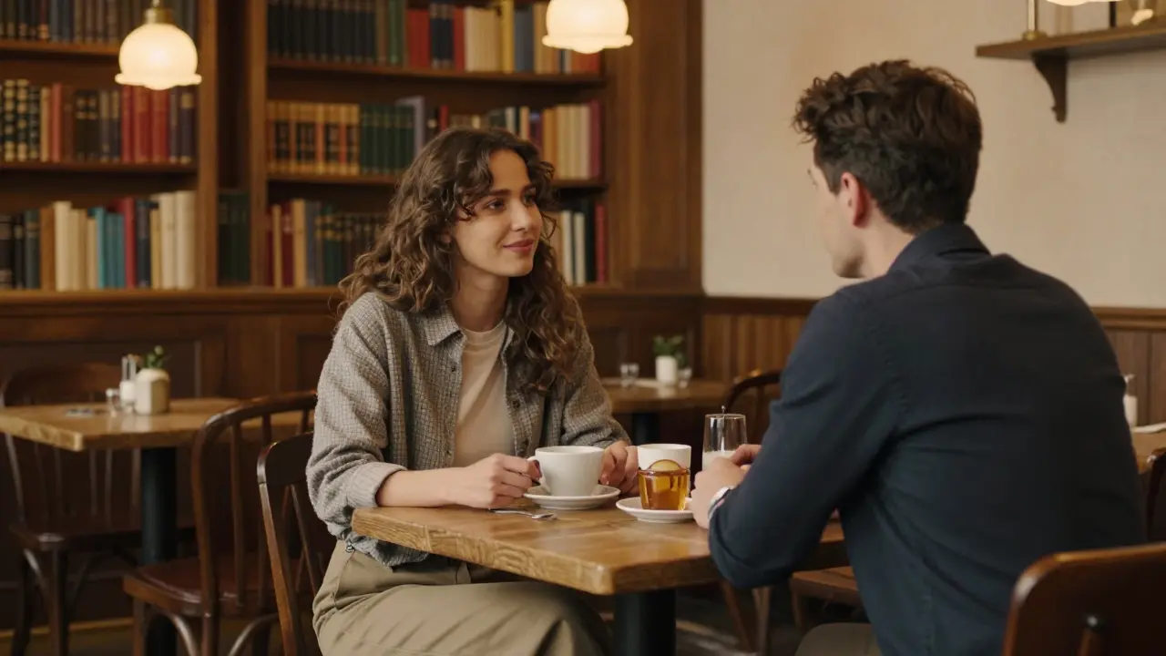 Café historique à Berlin où deux personnes échangent calmement, ambiance chaleureuse et naturelle.