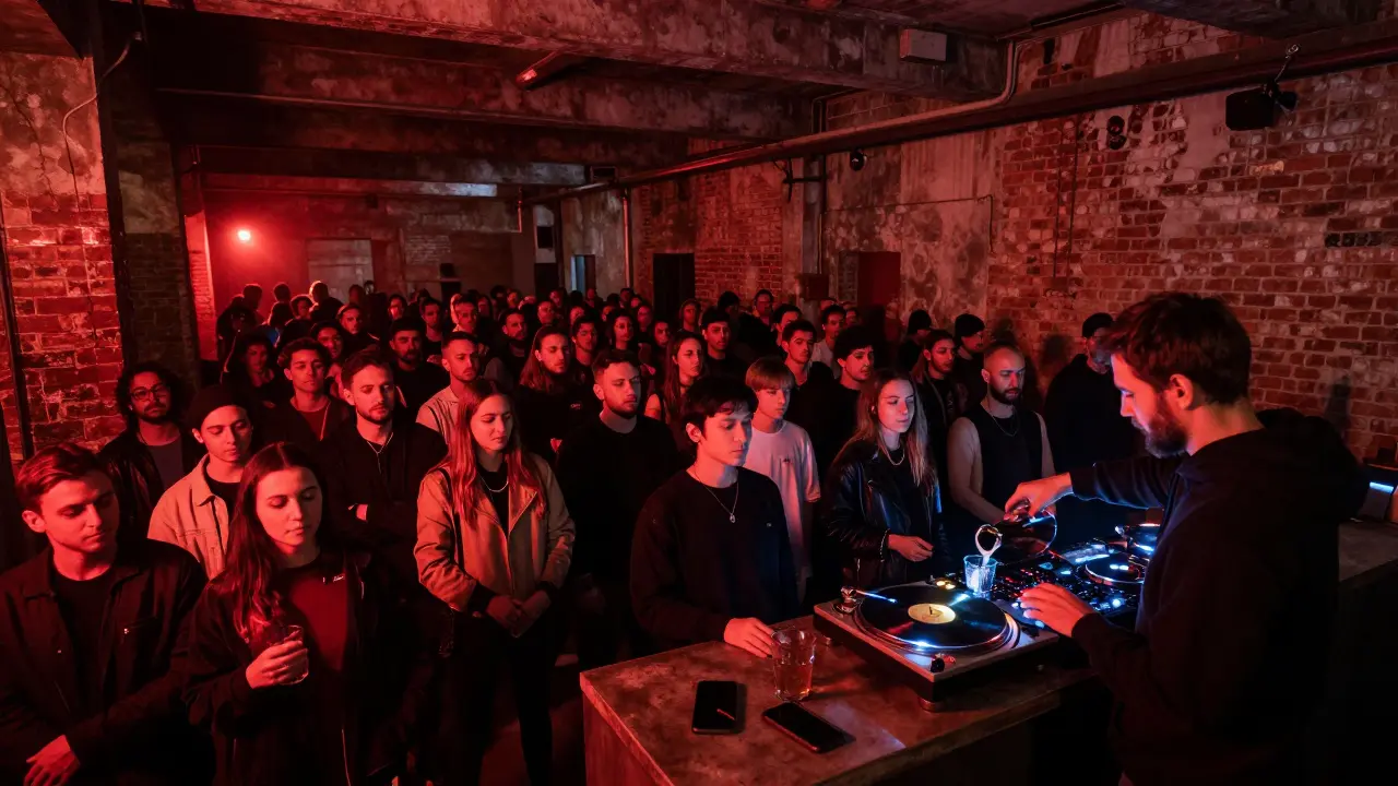 Club clandestin dans un atelier industriel, gens absorbés par la musique techno, pas de signalisation, juste la lumière rouge.