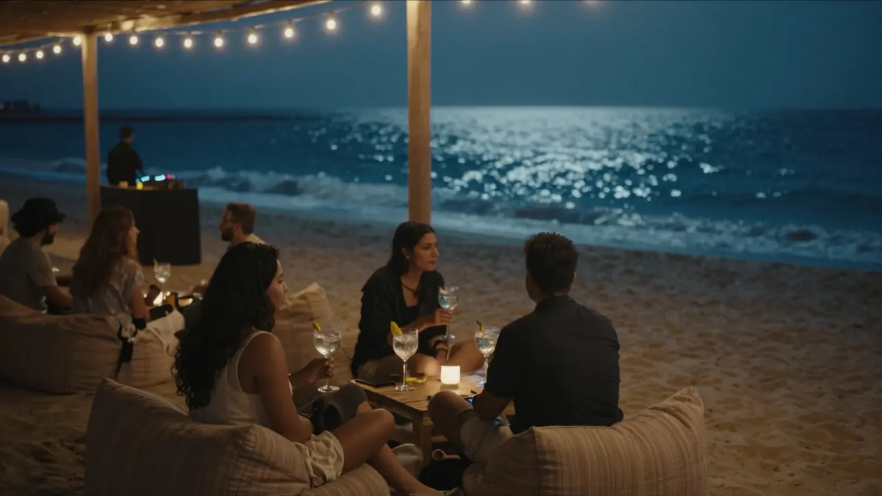 Club de plage de Yas à minuit, gens assis sur des coussins sous des lumières douces, océan en arrière-plan.