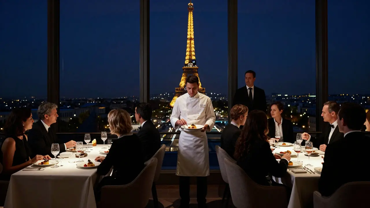 Dîner intime en haut de la Tour Eiffel, vue sur Paris la nuit, verres de cognac et silence absolu.