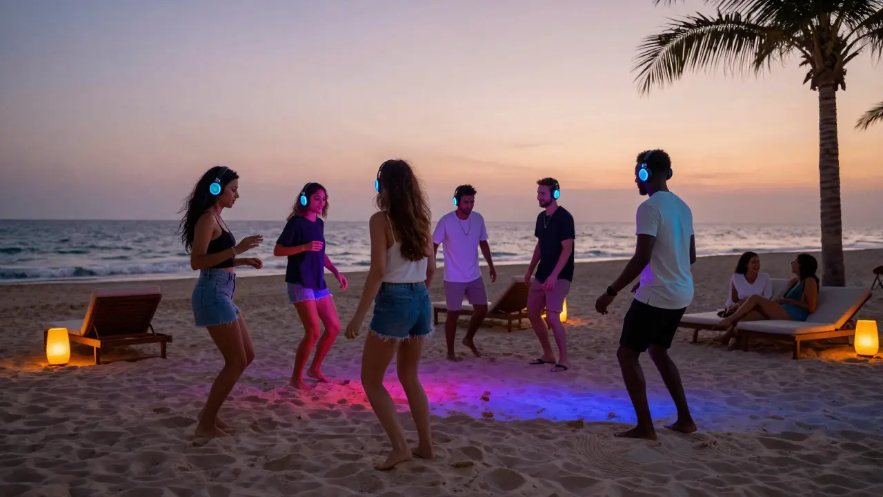 Disco silencieuse sur la plage à la tombée de la nuit, personnes dansant avec écouteurs et lumières LED.