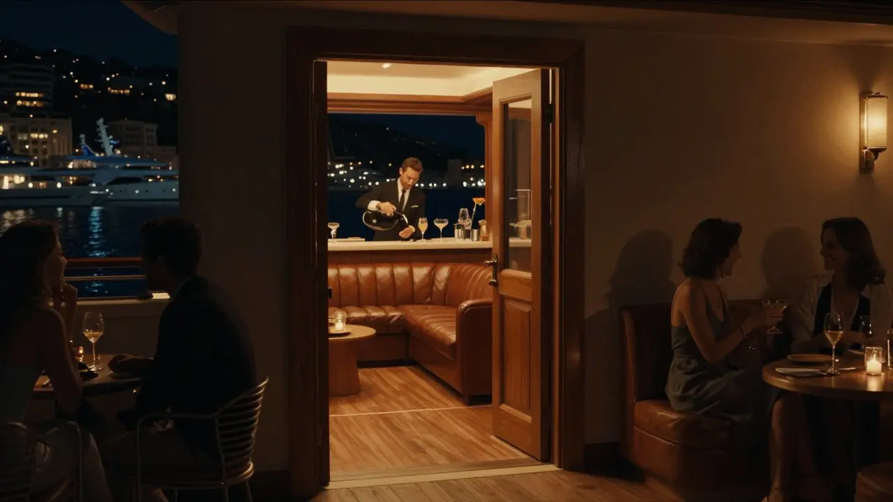 Entrée discrète du Yacht Club de Monaco, lumière chaude et reflets de yachts sur l'eau.