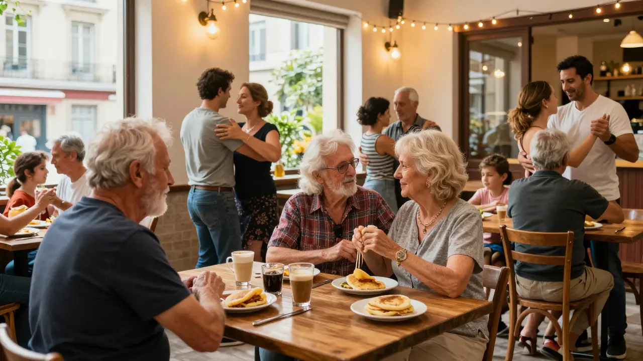 Famille et amis dansent paisiblement en plein jour dans un cadre chaleureux avec des tables en bois et des plantes.
