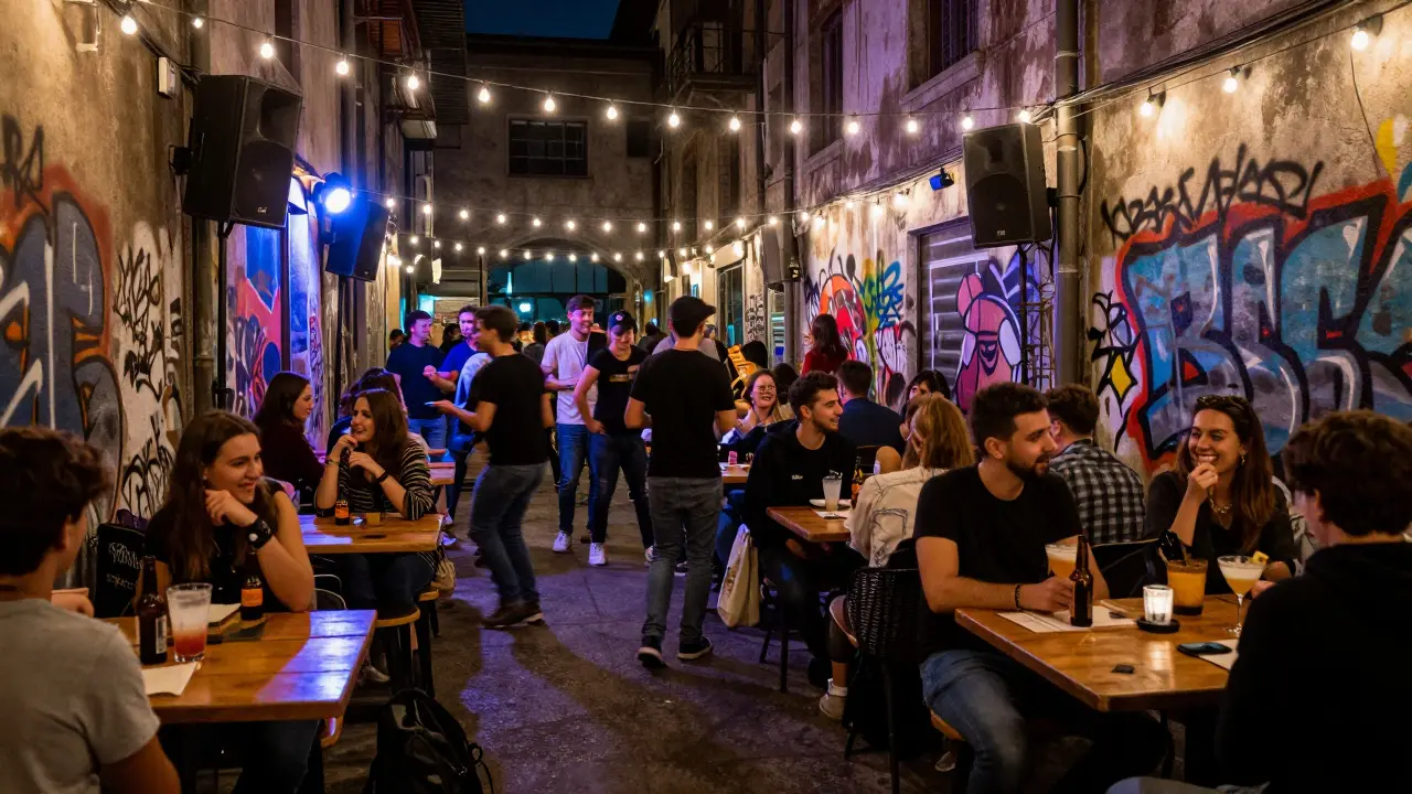 Foule dansant dans un entrepôt transformé en club à Porta Ticinese, lumières stroboscopiques et ambiance urbaine.