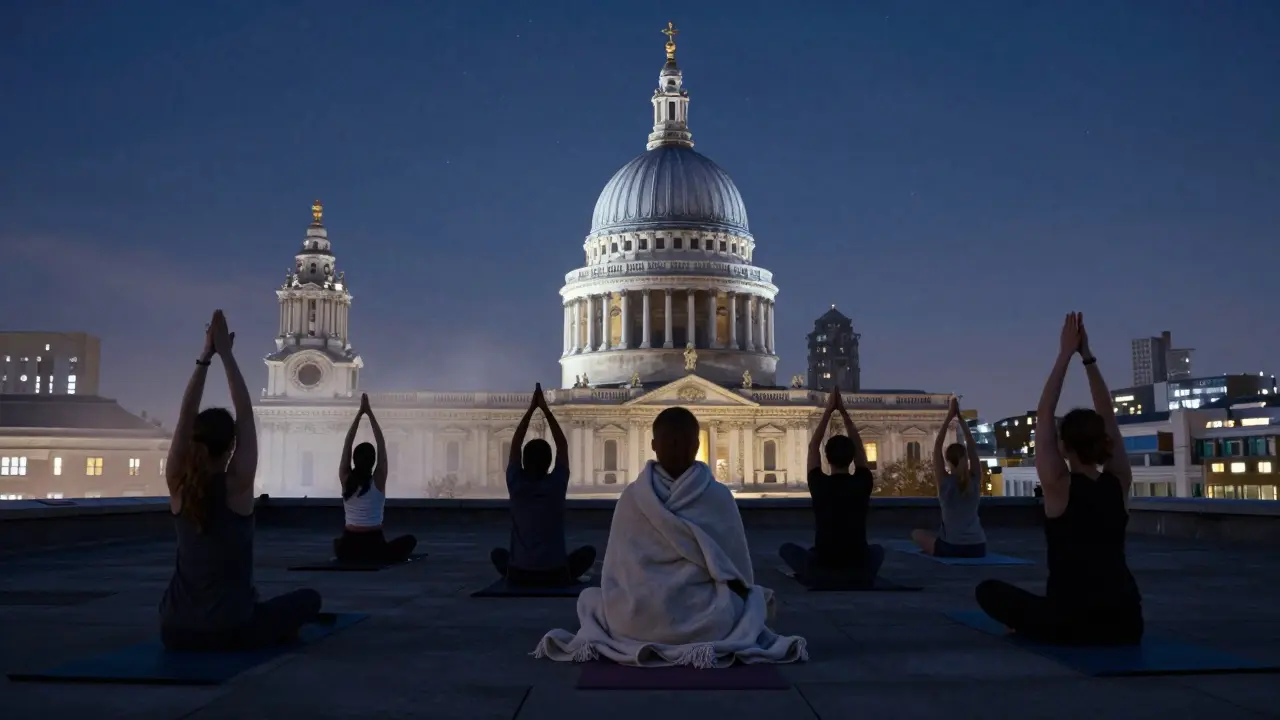 Groupe de personnes en yoga sur un toit sous les étoiles, vue sur la cathédrale Saint-Paul.