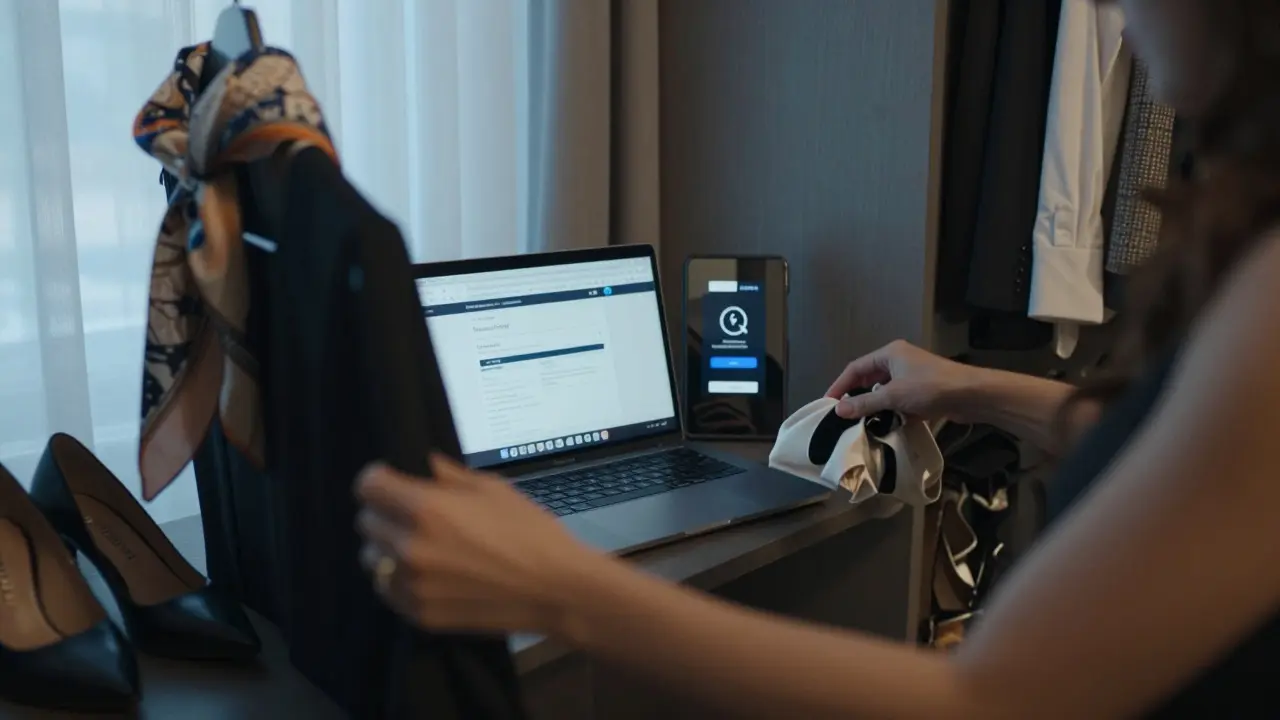 Mains sélectionnant un vestiaire de luxe, avec un écran de réservation sécurisée en arrière-plan.