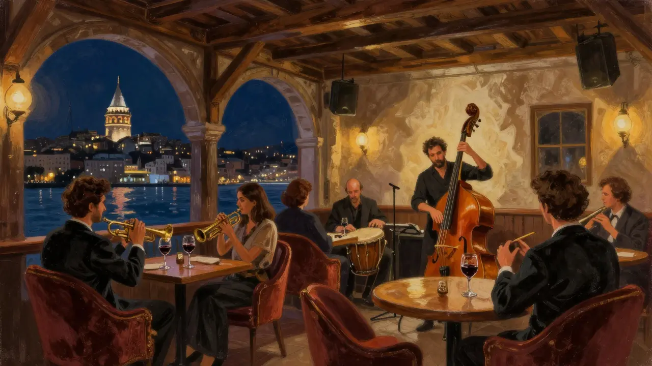 Musiciens jouant du jazz dans un bar de Galata avec vue sur le Bosphore et des verres de vin turc.