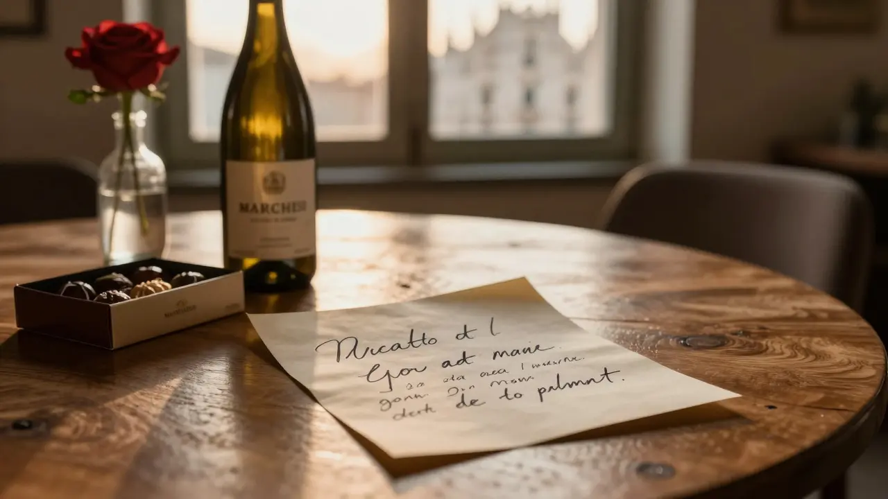 Note manuscrite, vin italien et chocolats sur une table, symbole de reconnaissance discrète.