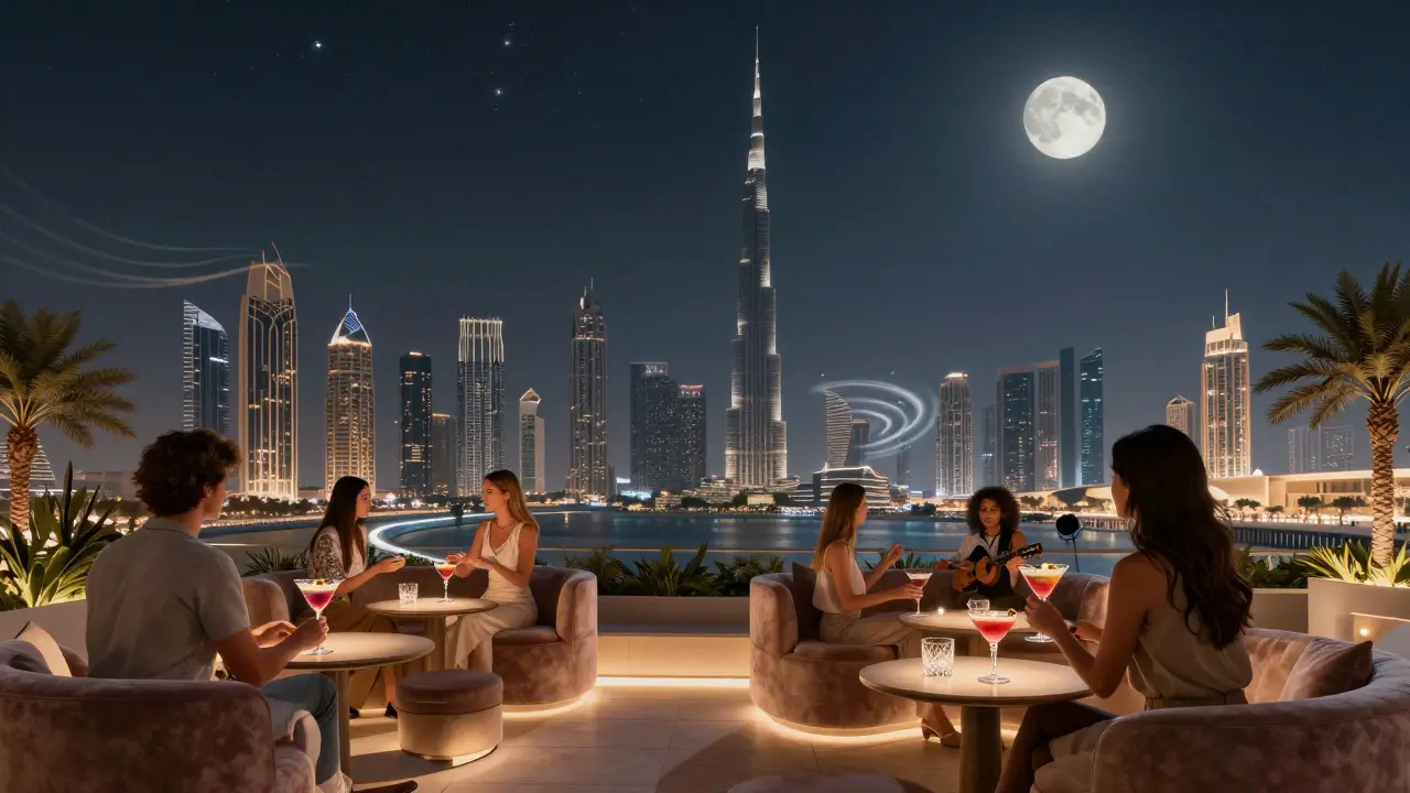 Rooftop Ciel Dubai avec vue panoramique sur la ville, clients élégants sirotant des cocktails sous un ciel étoilé.