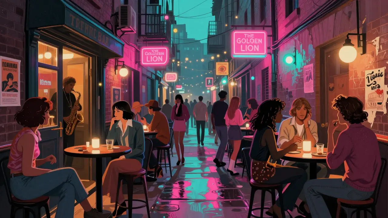 Rue animée de Soho à 2h du matin, musique et lumières néon.