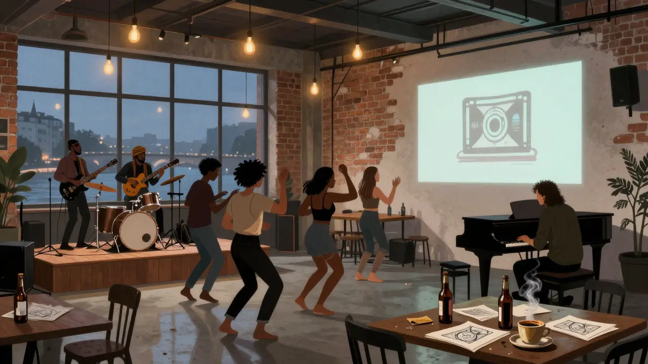 Scène musicale vivante à La Bellevilloise, foule dansante sous des lumières industrielles.