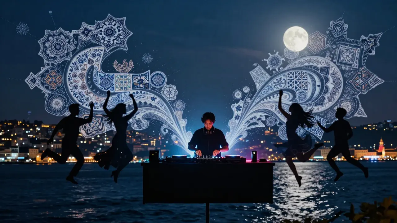 Scène surreal de club sur le Bosphore où motifs ottomans et basses électroniques se fondent.