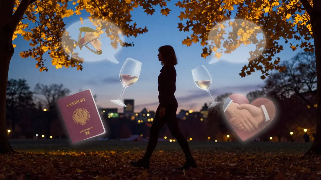Silhouette de femme marchant dans un parc à la tombée de la nuit, entourée de symboles abstraits de connexion.