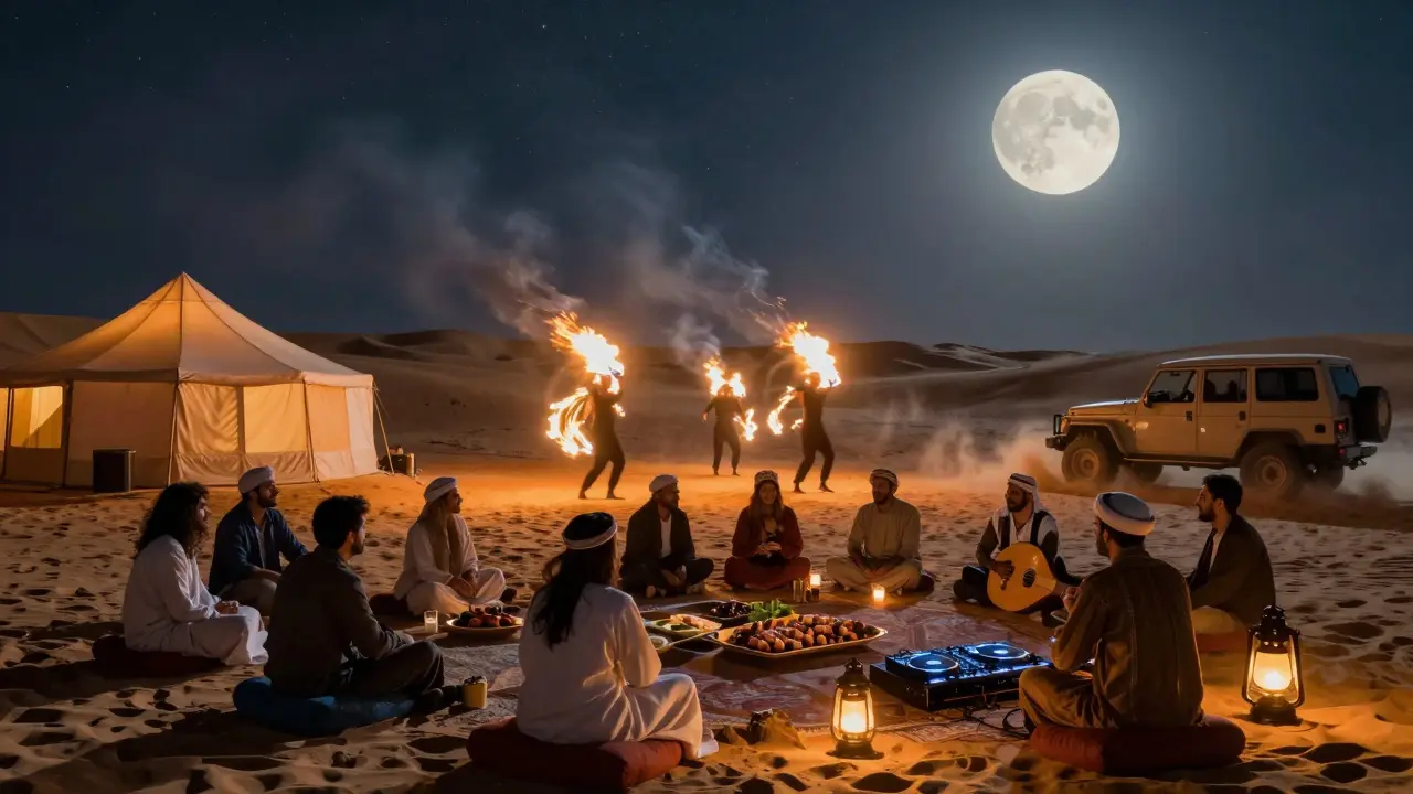 Soirée Desert Moon dans le désert, tentes lumineuses, danseuses de feu et invités sous les étoiles.