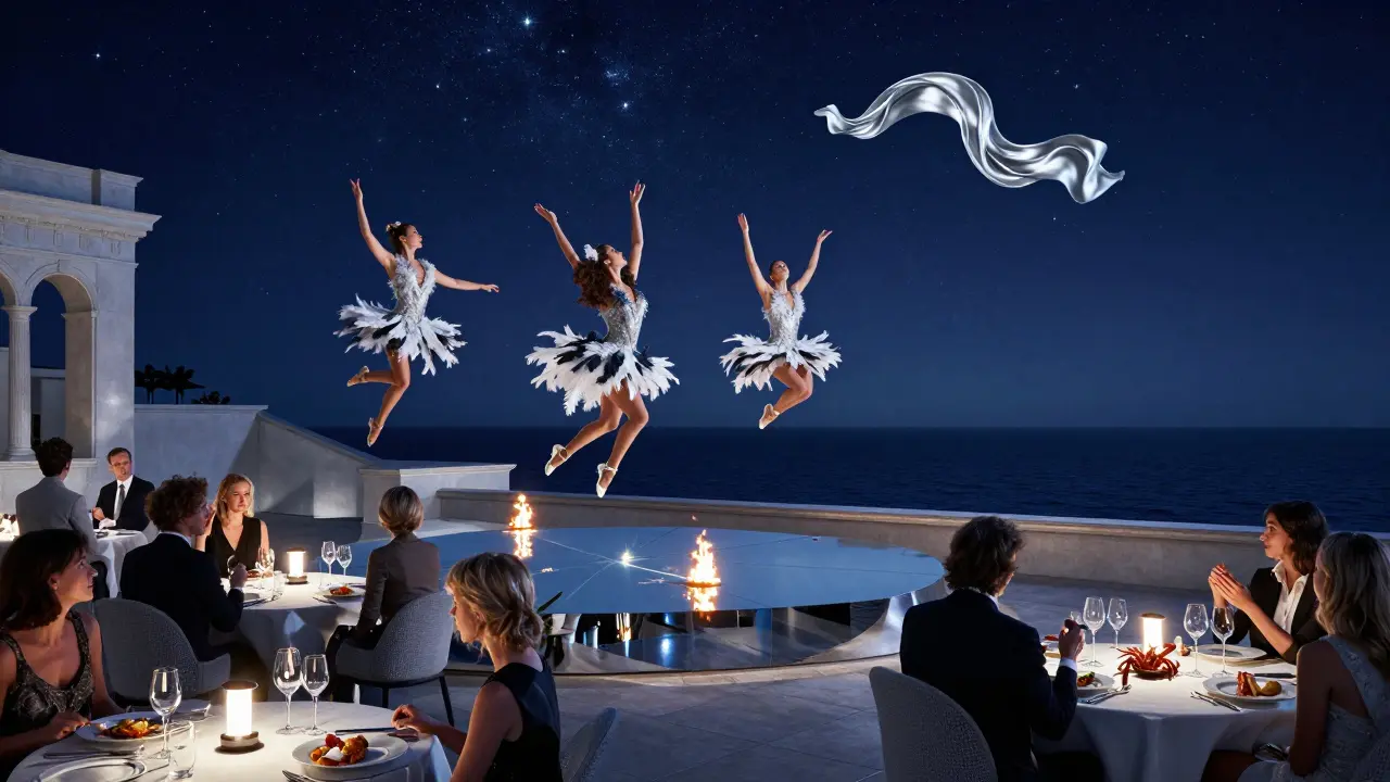 Spectacle aérien sur la terrasse Rainier III, danseurs en plumes sous un ciel étoilé artificiel.