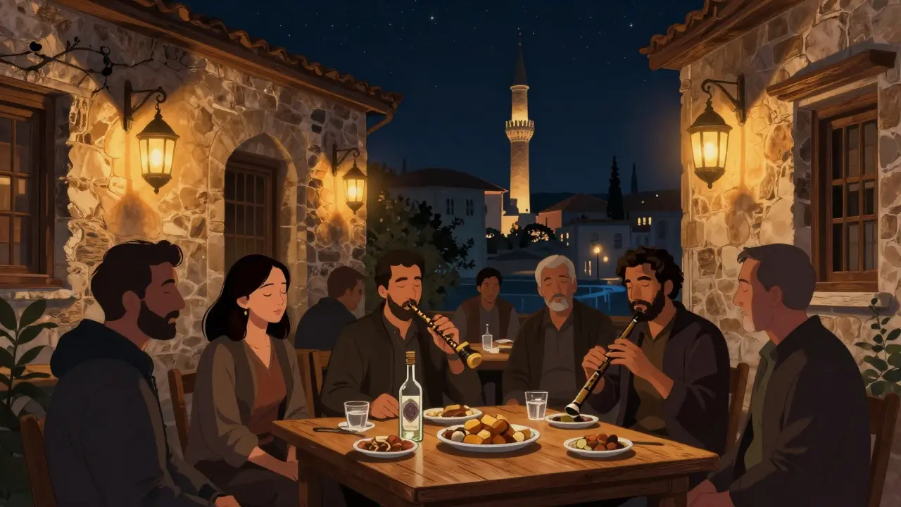 Taverne traditionnelle à Balat, un musicien joue du ney près de bouteilles de raki et de mezzés.