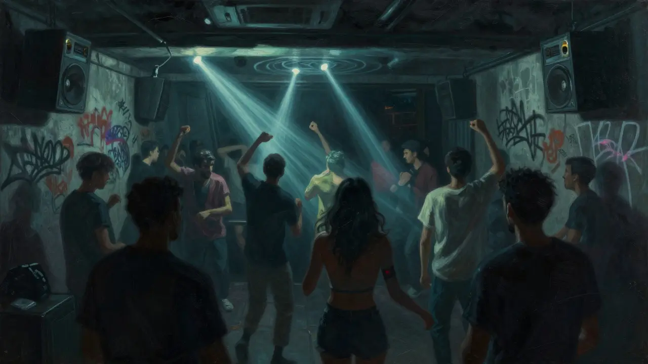 The Basement, club souterrain à Jumeirah, foule dansant sous des lumières stroboscopiques en tenue décontractée.