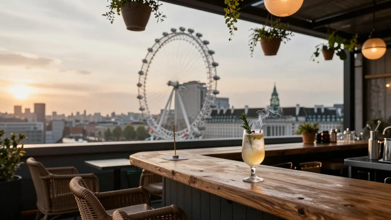 Toit du THE SMOKEHOUSE au petit matin, lanternes et fauteuils en osier avec vue sur la London Eye.