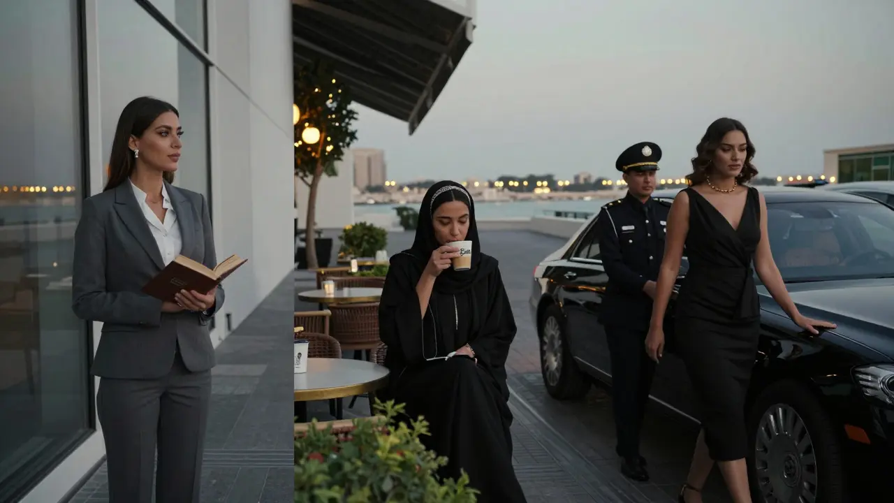 Trois femmes dans des contextes culturels différents à Abu Dhabi : musée, café caché, voiture de luxe.