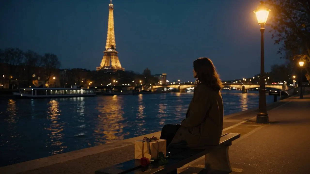 Un cadeau posé sur un banc près de la Seine, sous la lueur douce d'une lampe de rue.
