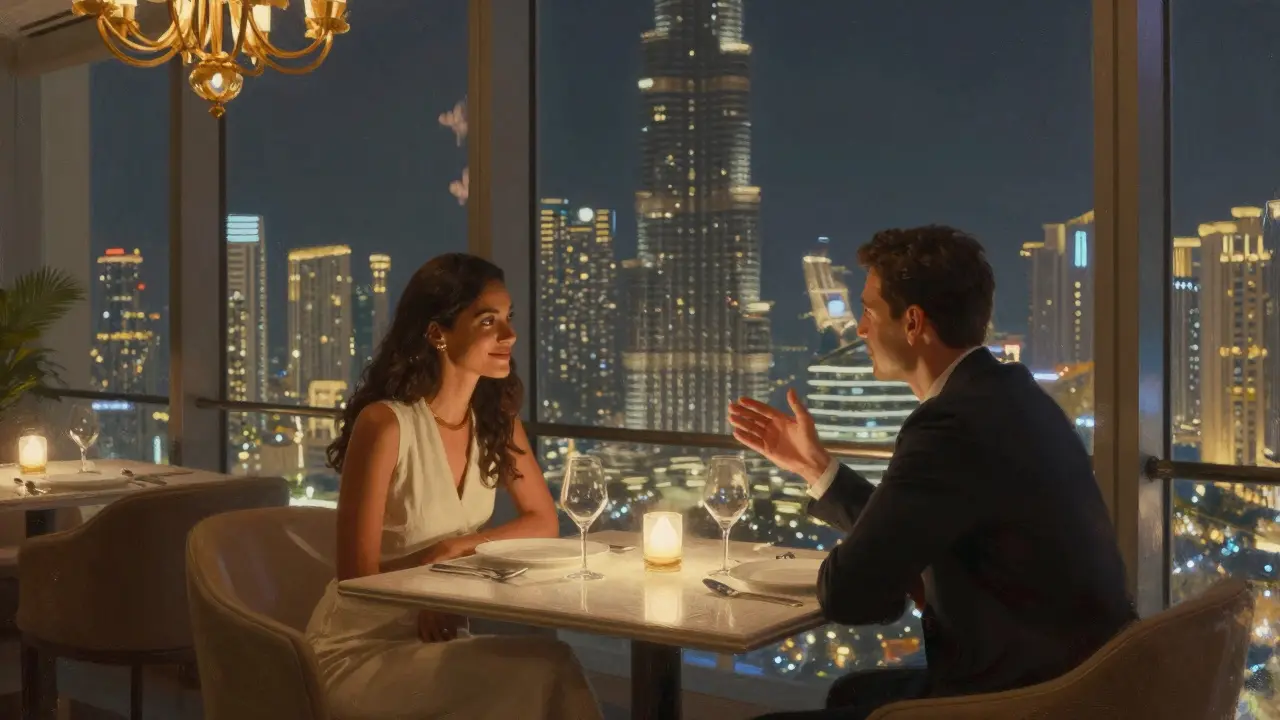 Un couple dîne en intimité au 122e étage de la Burj Khalifa, avec une vue panoramique sur la ville.