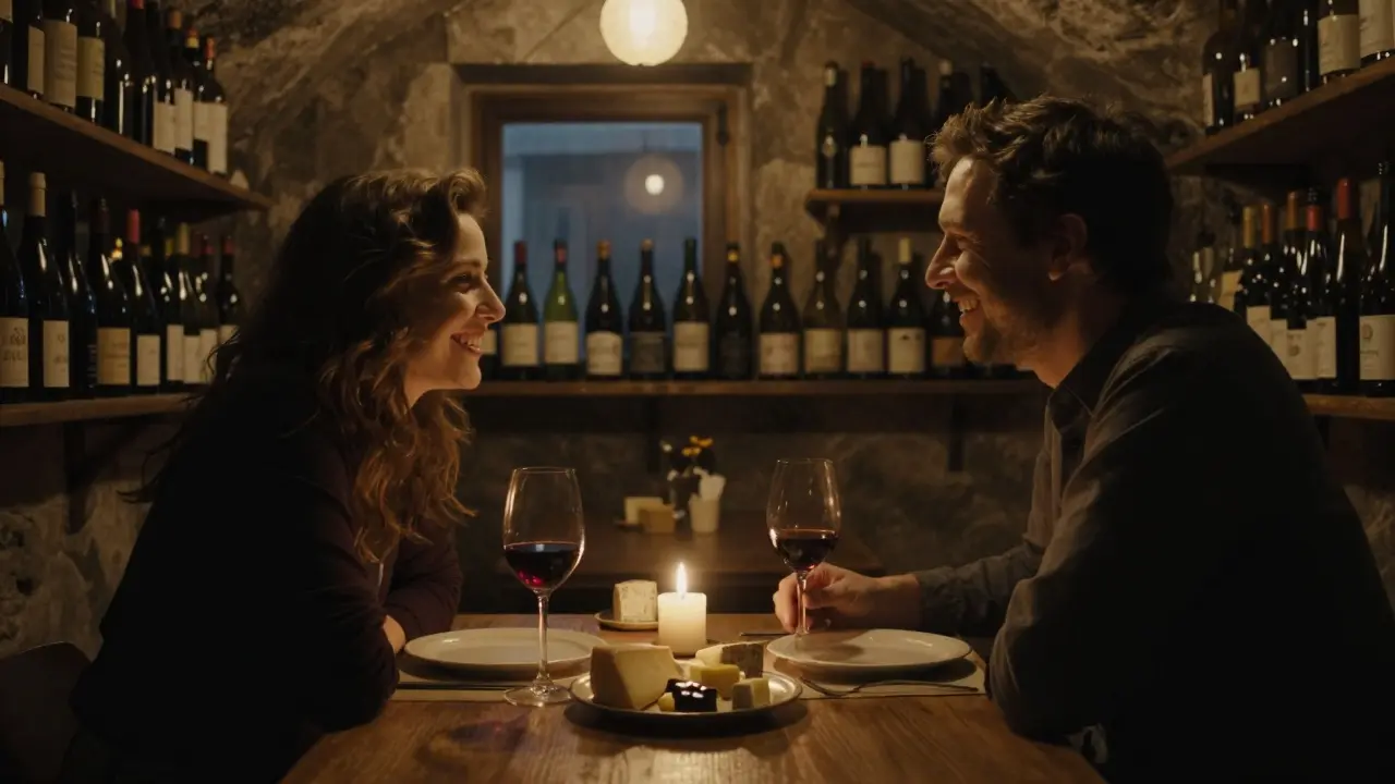 Un dîner intime dans un bar à vin secret de Kreuzberg, éclairé par des bougies.