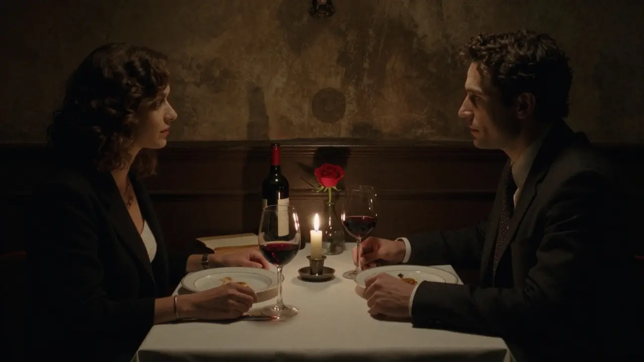 Un dîner intime dans un petit bistro de Paris, avec bougies, vin et un livre ouvert sur la table.