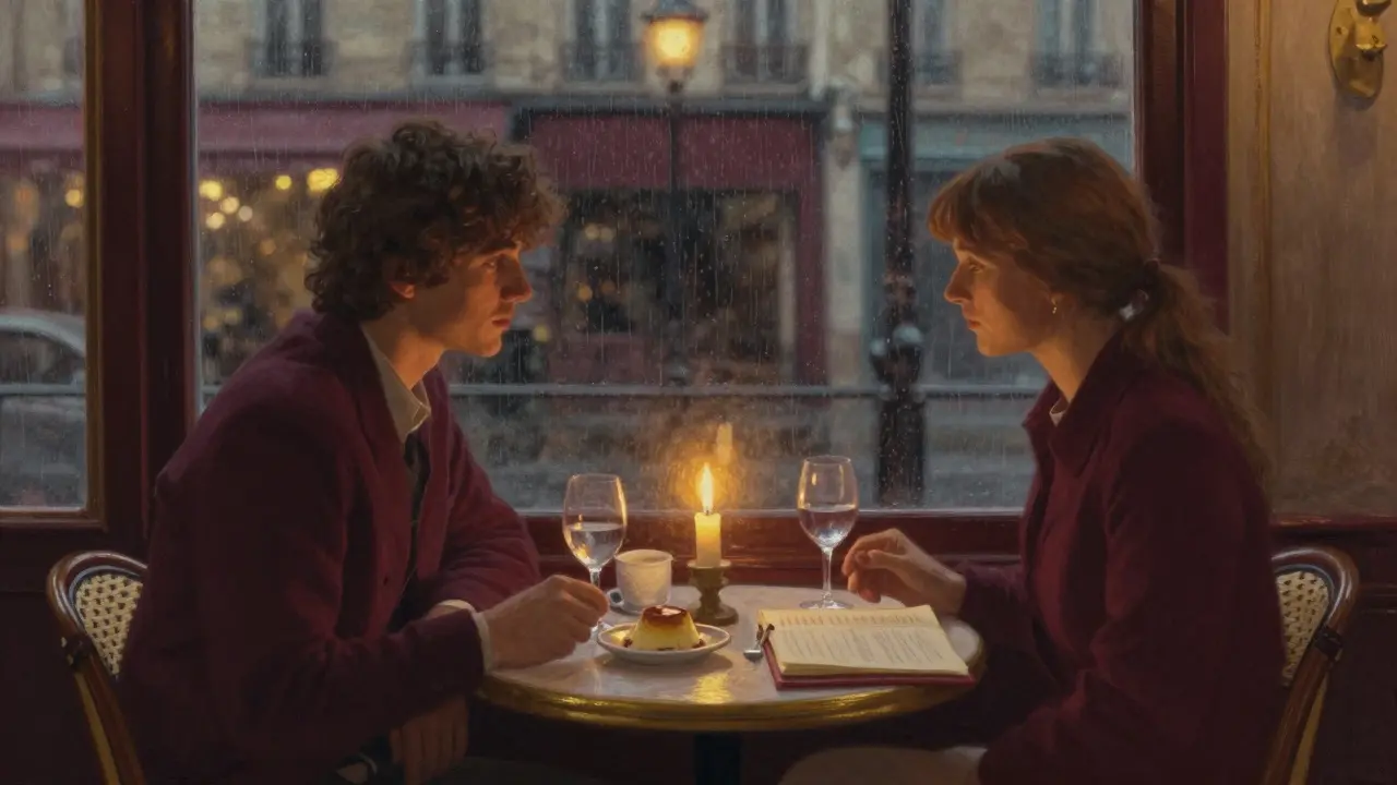 Un dîner intime dans un petit bistrot du 6e arrondissement, bougies et vin sous la lumière tamisée.