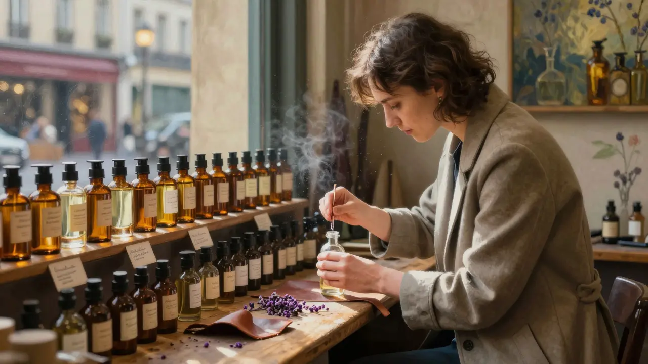 Un parfumeur artisanal mélange des notes de violette et de cuir dans un atelier parisien.
