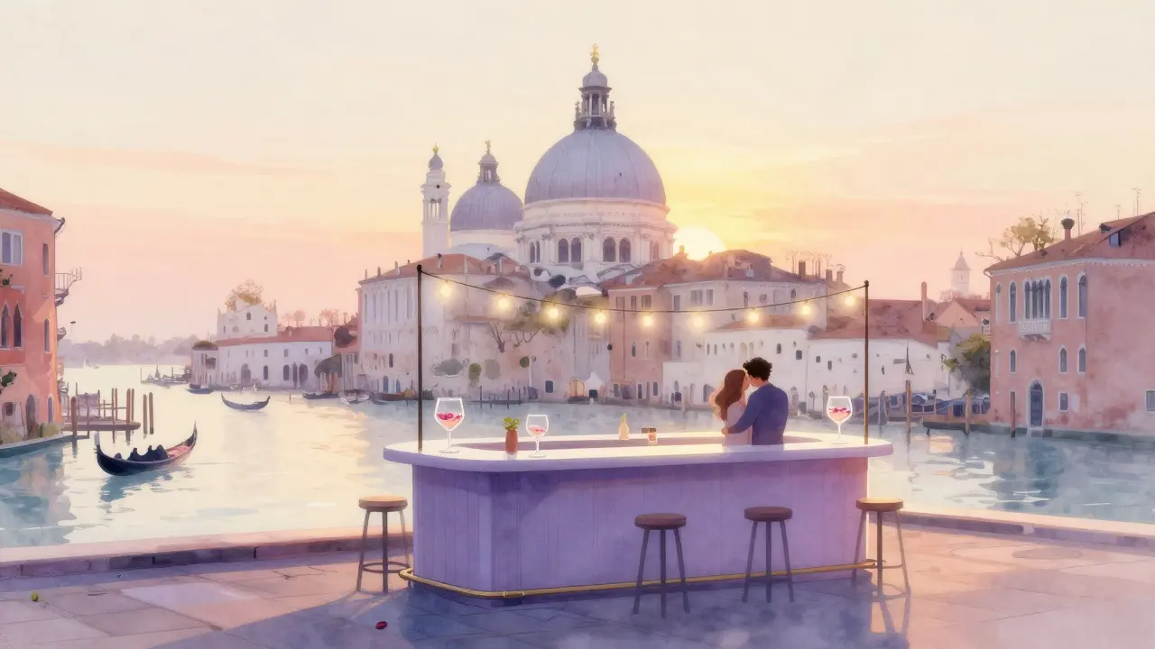 Un rooftop à l'aube avec vue sur le Duomo, des verres de cocktail et un couple enlacé sous des lumières douces.