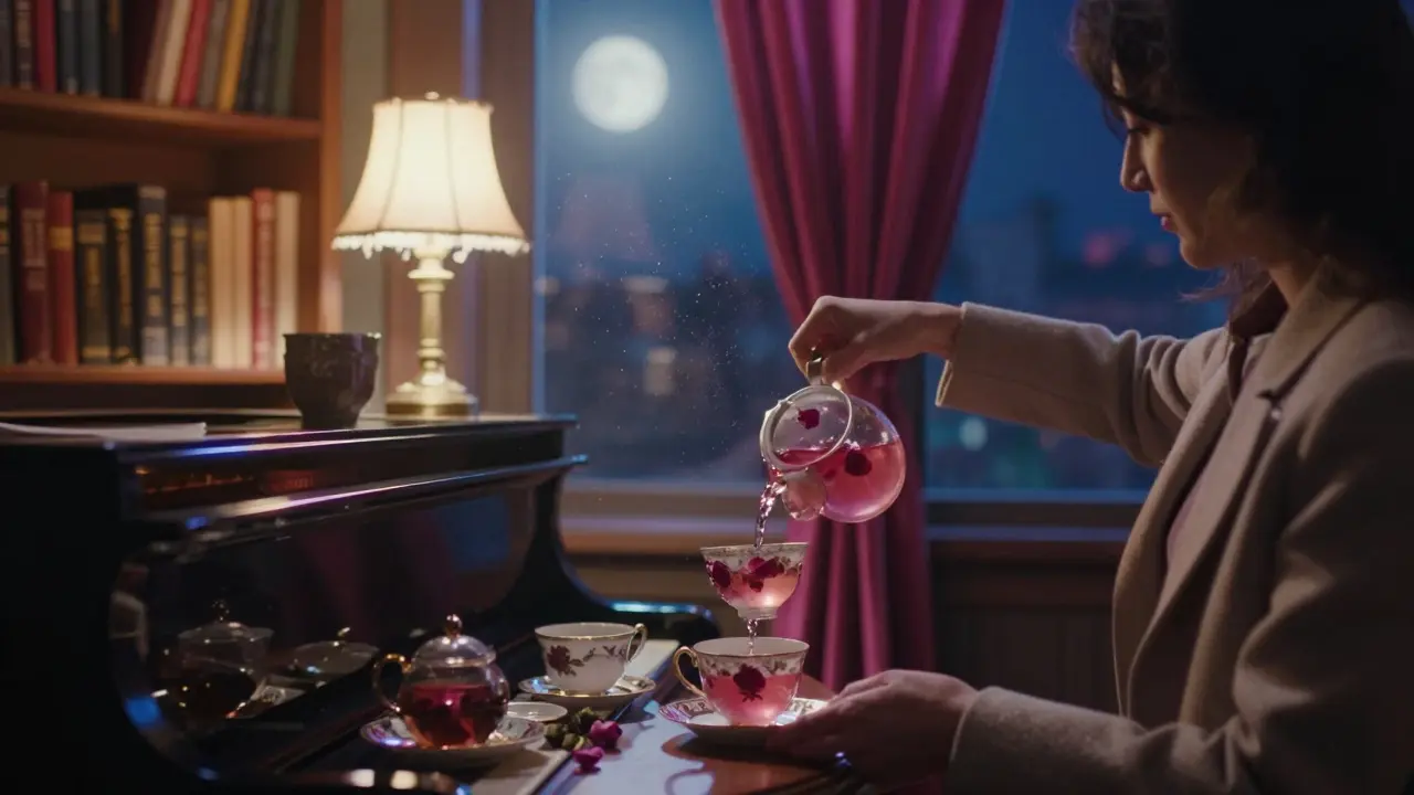 Un salon de thé secret à Paris, thé à la rose et piano en arrière-plan, lumière douce et rideaux de velours.