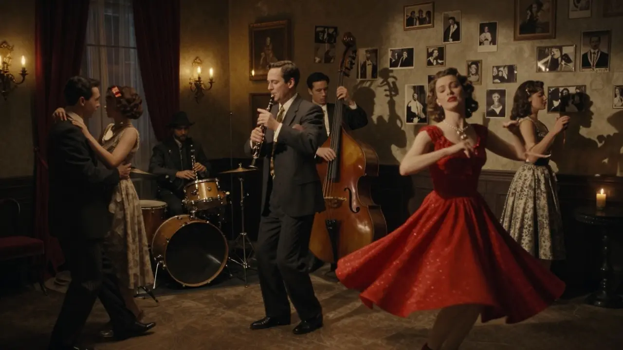 Un trio de jazz joue dans un bar sombre, des danseurs évoluent librement sous la lueur des bougies.