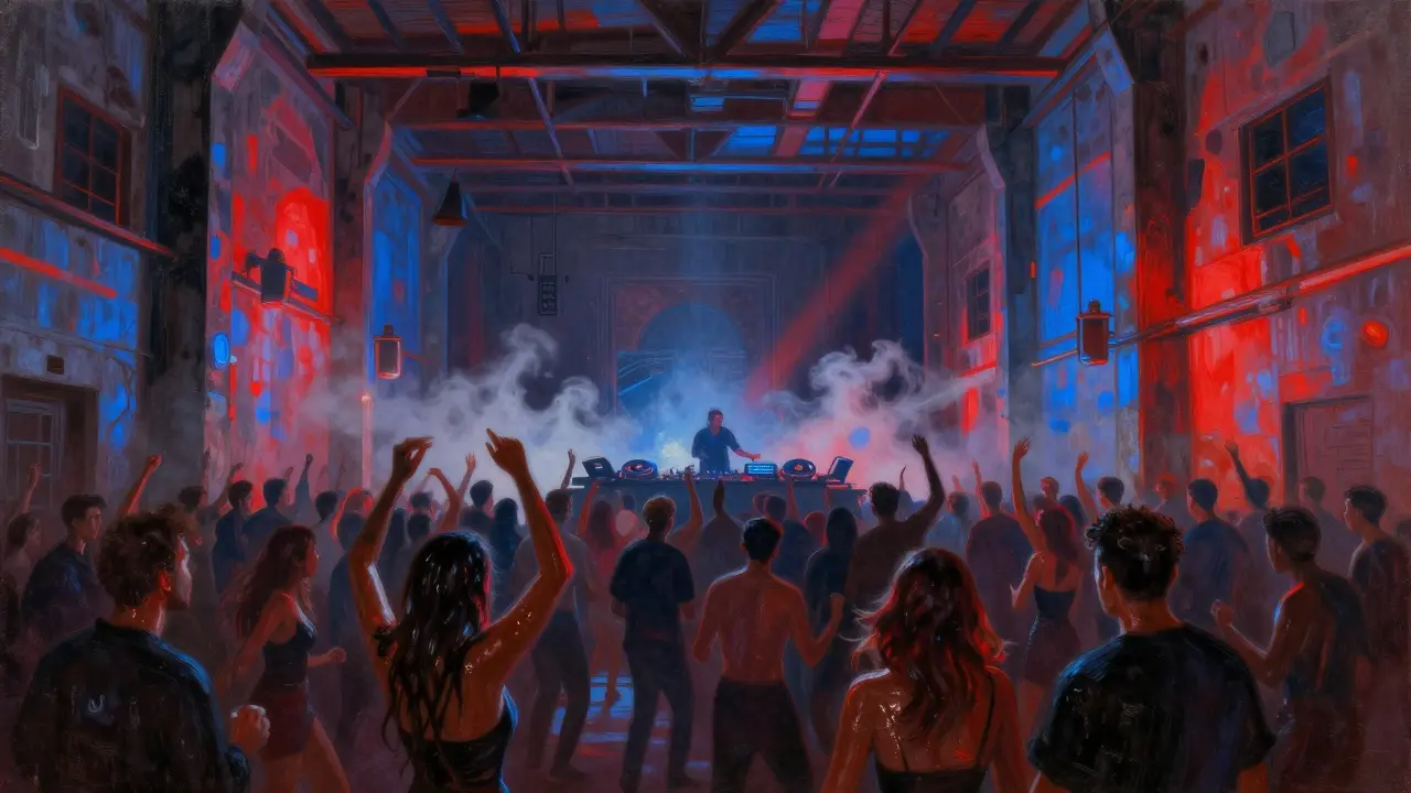 Une foule danse dans un entrepôt industriel transformé en club de techno, sous des lumières rouges et bleues pulsantes.