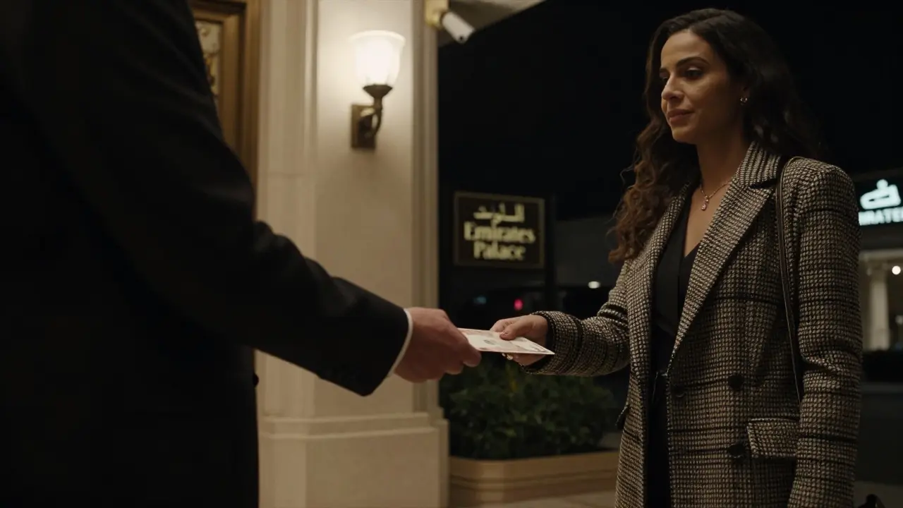 Une main remet un enveloppe de cash à une femme près de l'entrée d'un hôtel de luxe, dans une atmosphère de discrétion et de tension légale.