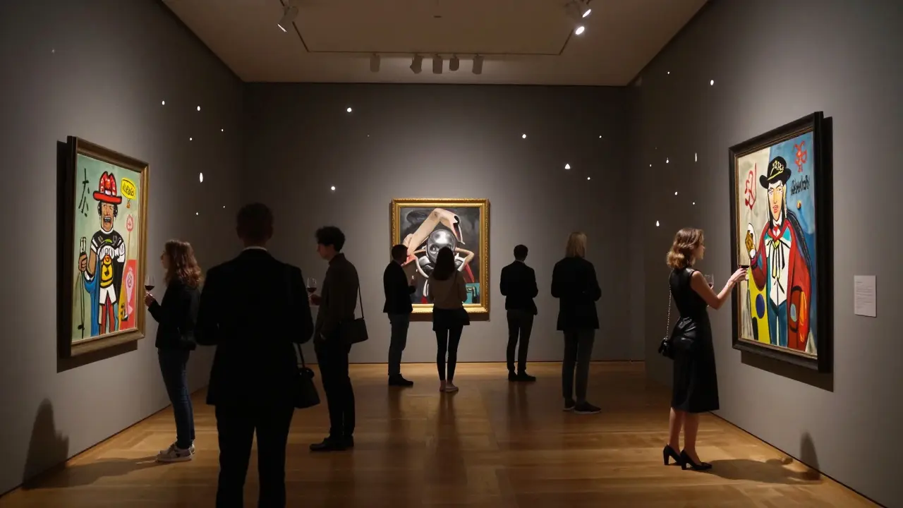 Visiteurs silencieux admirant des œuvres d'art contemporain rares dans une fondation parisienne.