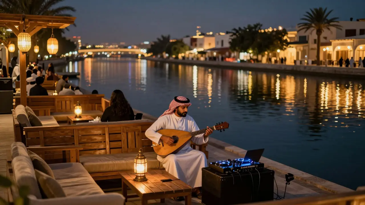 Bar en bord de canal à Al Qana, avec des lanternes, des canapés et un musicien jouant d'un instrument traditionnel.
