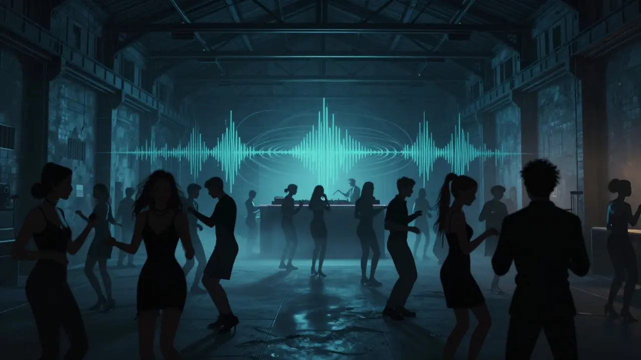 Club Magazzini Generali, espace industriel sombre avec une foule discrète dansant sous des lumières bleutées.